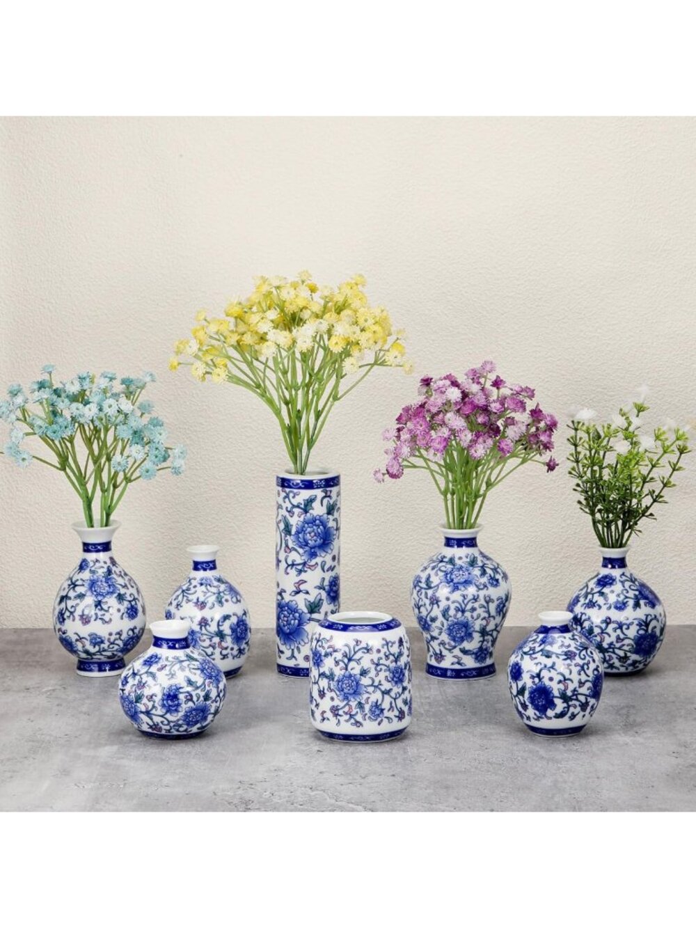Set of 8 Mini Chinoiserie Bud Vases - Blue & White Floral Ceramic Decor
